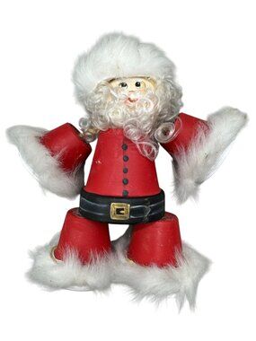 Vintage Wooden Santa Figurine Faux Fur Trim & Curly Beard Christmas 7" READ